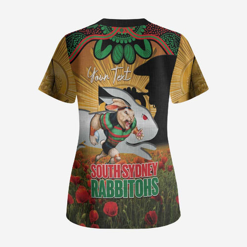 Personalised Rabbitohs Rugby ANZAC Day Scrub Top Last Post Poppy We Will Remember Them