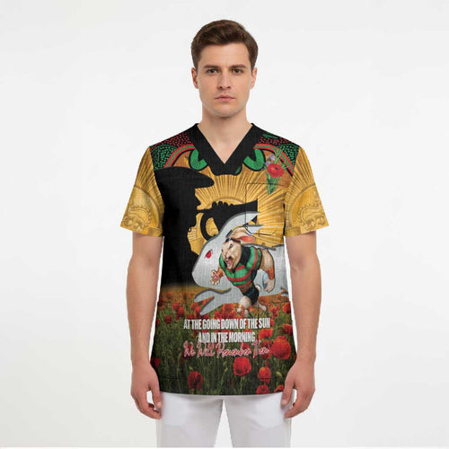 Personalised Rabbitohs Rugby ANZAC Day Scrub Top Last Post Poppy We Will Remember Them