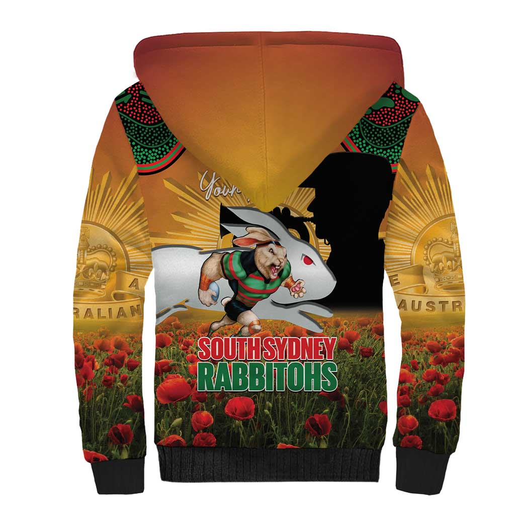 Personalised Rabbitohs Rugby ANZAC Day Sherpa Hoodie Last Post Poppy We Will Remember Them