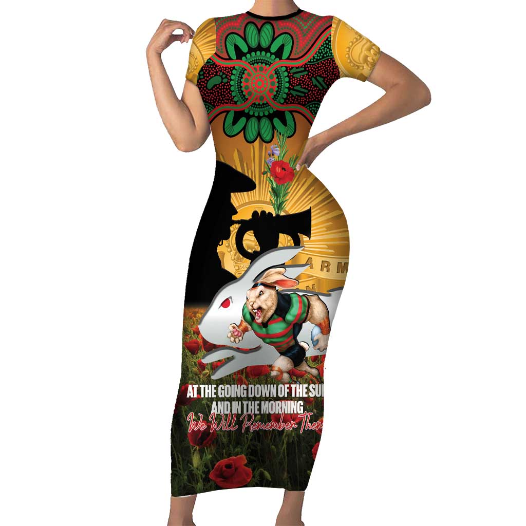 Personalised Rabbitohs Rugby ANZAC Day Short Sleeve Bodycon Dress Last Post Poppy We Will Remember Them