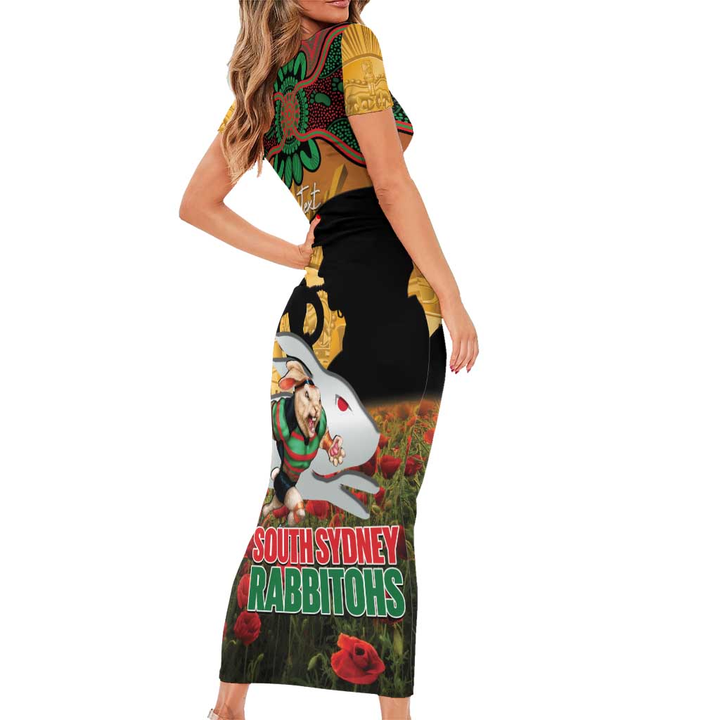 Personalised Rabbitohs Rugby ANZAC Day Short Sleeve Bodycon Dress Last Post Poppy We Will Remember Them