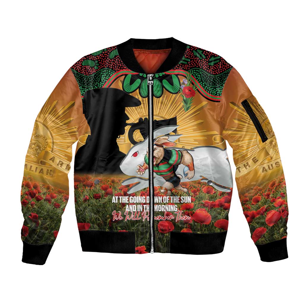 Personalised Rabbitohs Rugby ANZAC Day Sleeve Zip Bomber Jacket Last Post Poppy We Will Remember Them