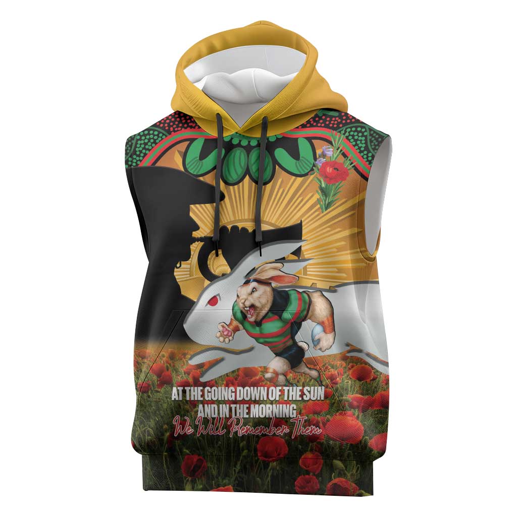 Personalised Rabbitohs Rugby ANZAC Day Sleeveless Hoodie Last Post Poppy We Will Remember Them