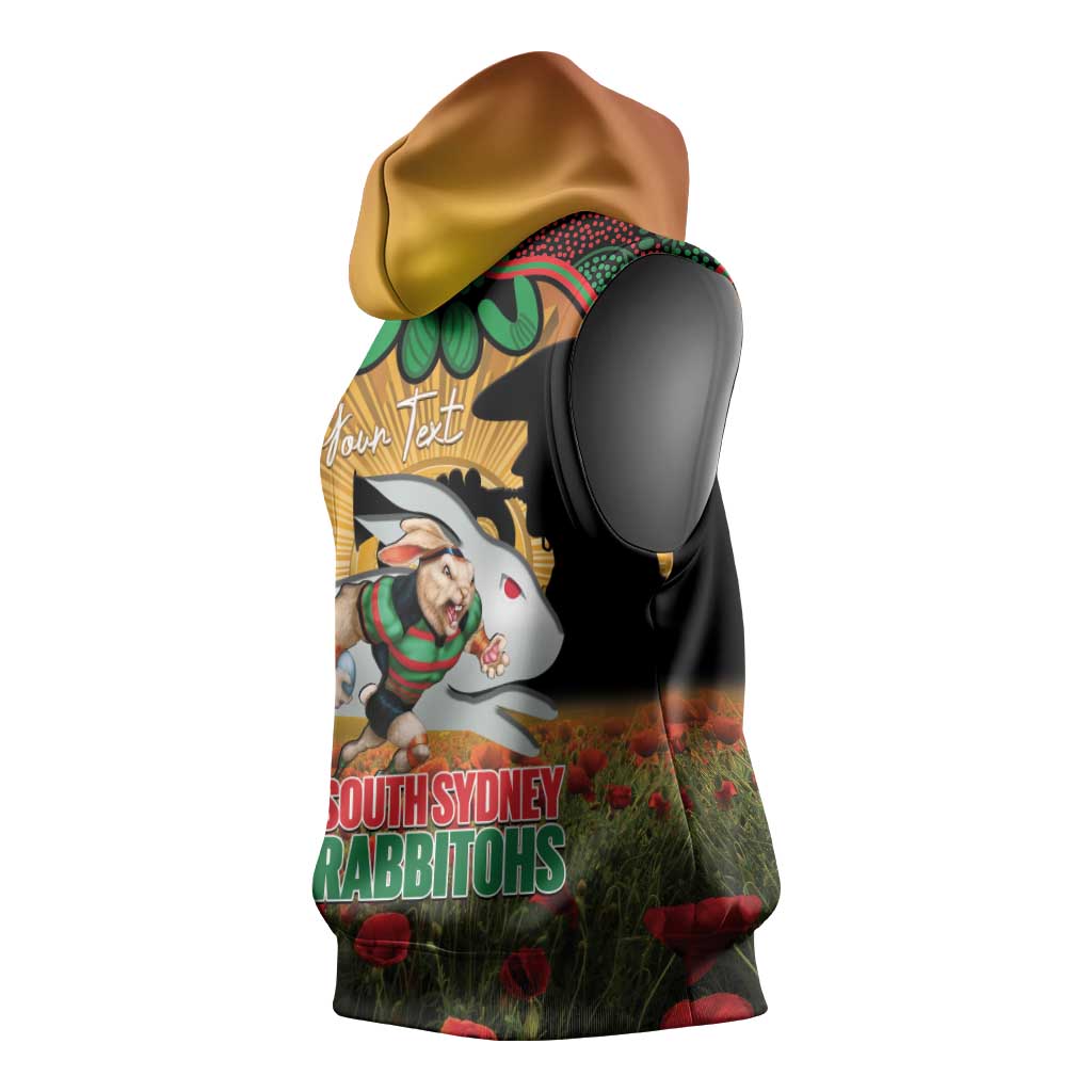 Personalised Rabbitohs Rugby ANZAC Day Sleeveless Hoodie Last Post Poppy We Will Remember Them