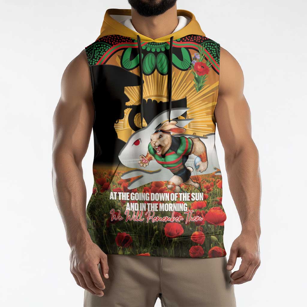 Personalised Rabbitohs Rugby ANZAC Day Sleeveless Hoodie Last Post Poppy We Will Remember Them