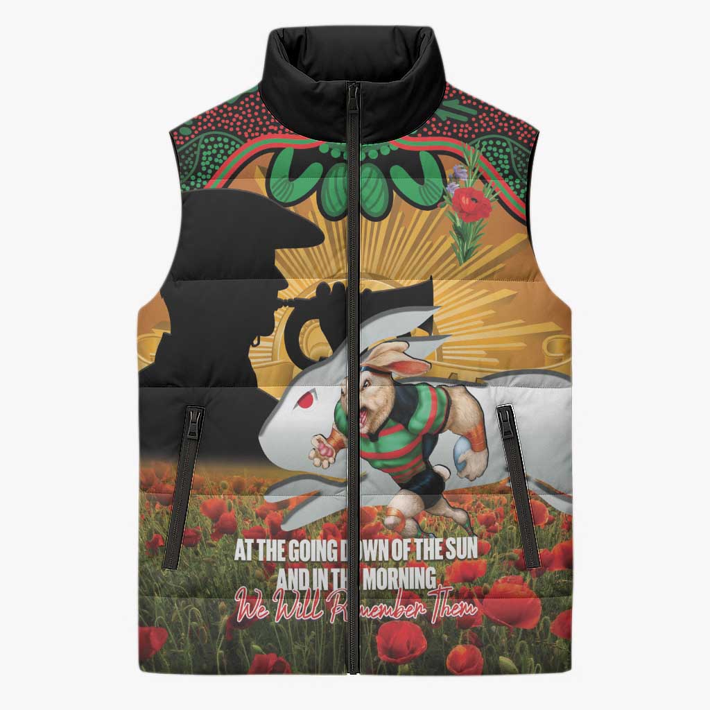 Personalised Rabbitohs Rugby ANZAC Day Sleeveless Puffer Jacket Last Post Poppy We Will Remember Them