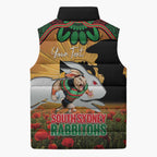 Personalised Rabbitohs Rugby ANZAC Day Sleeveless Puffer Jacket Last Post Poppy We Will Remember Them