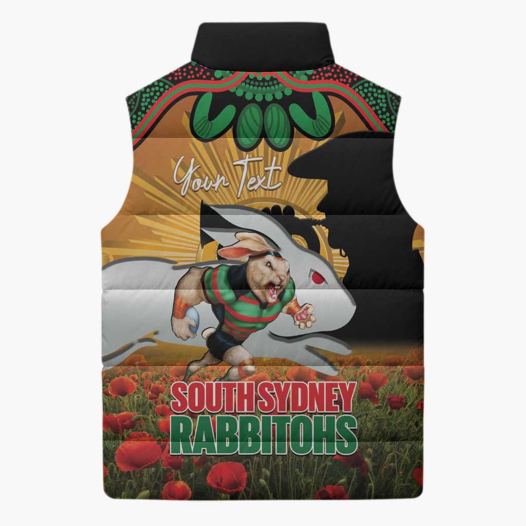Personalised Rabbitohs Rugby ANZAC Day Sleeveless Puffer Jacket Last Post Poppy We Will Remember Them