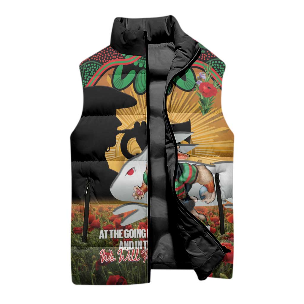 Personalised Rabbitohs Rugby ANZAC Day Sleeveless Puffer Jacket Last Post Poppy We Will Remember Them