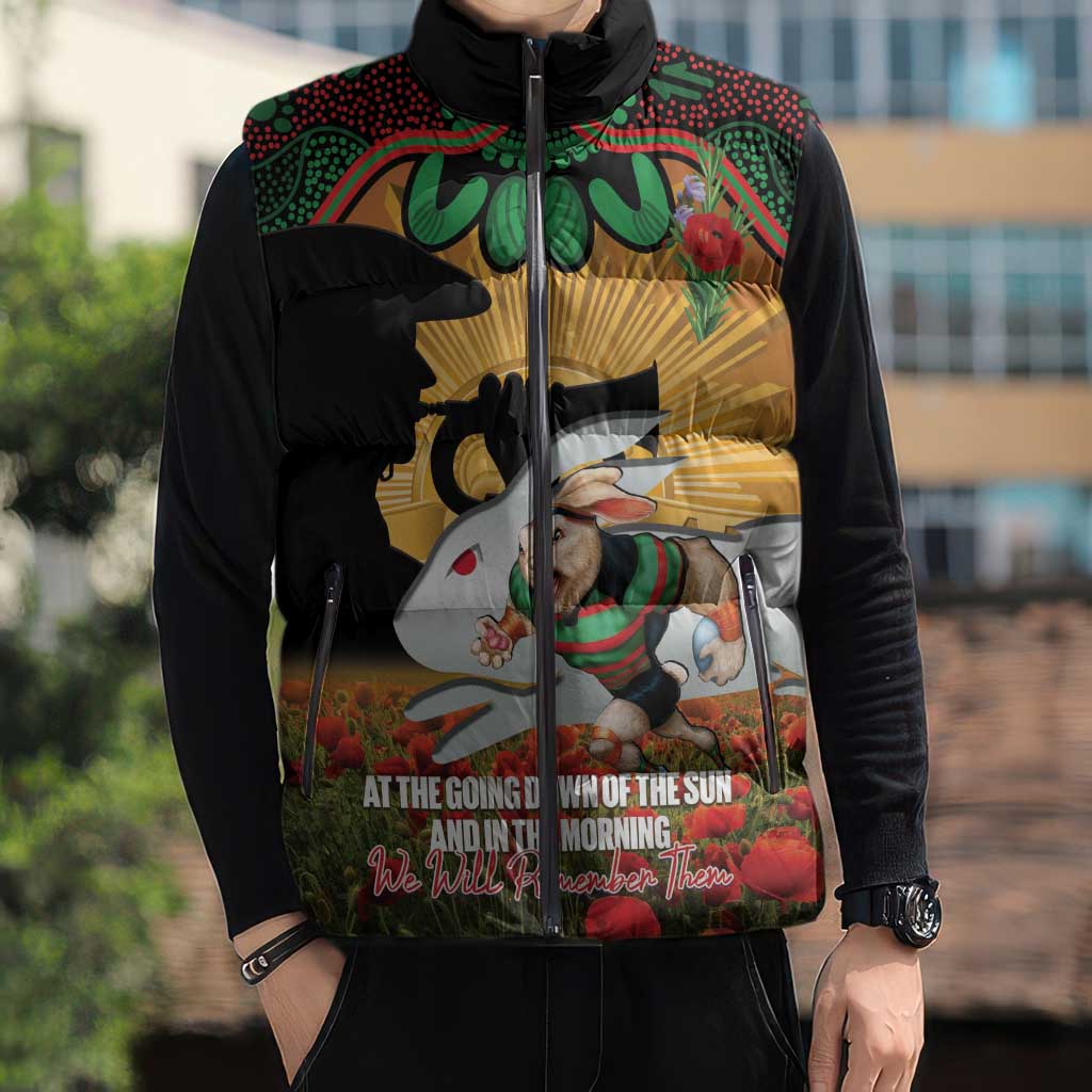 Personalised Rabbitohs Rugby ANZAC Day Sleeveless Puffer Jacket Last Post Poppy We Will Remember Them