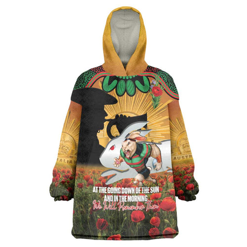 Personalised Rabbitohs Rugby ANZAC Day Wearable Blanket Hoodie Last Post Poppy We Will Remember Them
