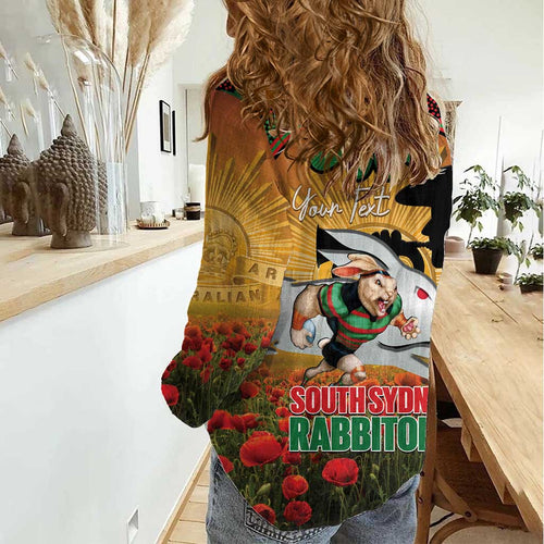 Personalised Rabbitohs Rugby ANZAC Day Women Casual Shirt Last Post Poppy We Will Remember Them