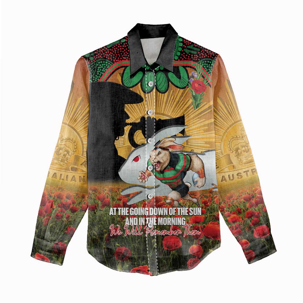 Personalised Rabbitohs Rugby ANZAC Day Women Casual Shirt Last Post Poppy We Will Remember Them