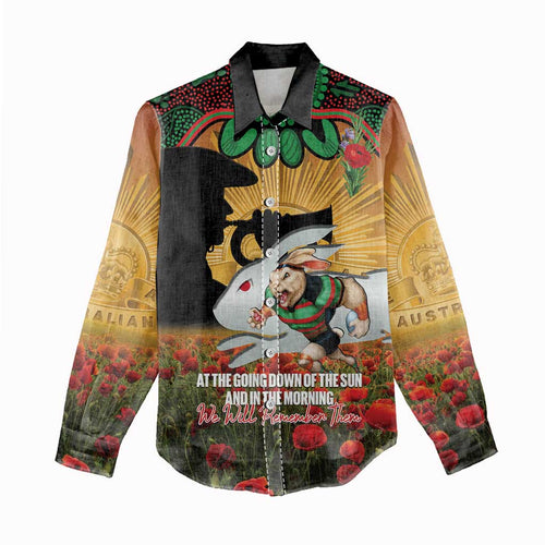 Personalised Rabbitohs Rugby ANZAC Day Women Casual Shirt Last Post Poppy We Will Remember Them