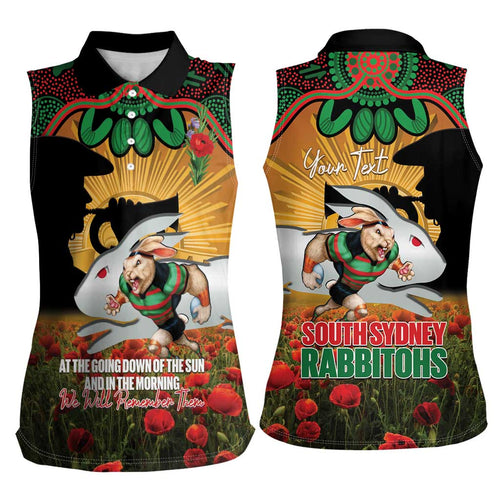 Personalised Rabbitohs Rugby ANZAC Day Women Sleeveless Polo Shirt Last Post Poppy We Will Remember Them