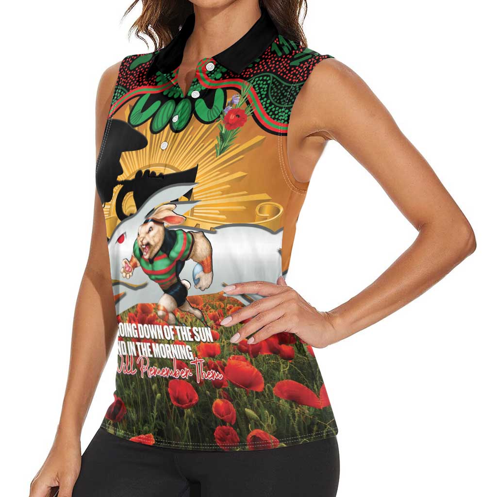 Personalised Rabbitohs Rugby ANZAC Day Women Sleeveless Polo Shirt Last Post Poppy We Will Remember Them