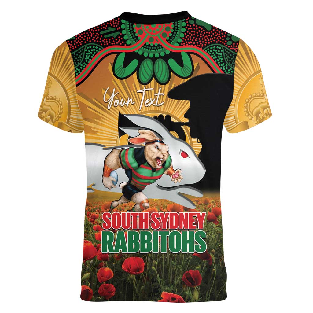 Personalised Rabbitohs Rugby ANZAC Day Women V-Neck T-Shirt Last Post Poppy We Will Remember Them
