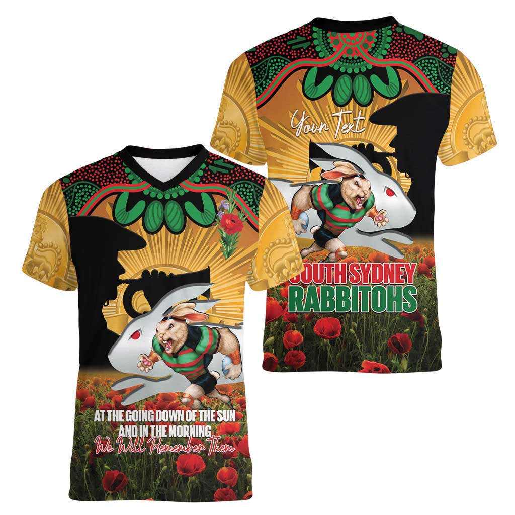 Personalised Rabbitohs Rugby ANZAC Day Women V-Neck T-Shirt Last Post Poppy We Will Remember Them