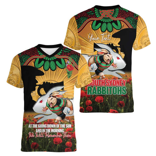Personalised Rabbitohs Rugby ANZAC Day Women V-Neck T-Shirt Last Post Poppy We Will Remember Them
