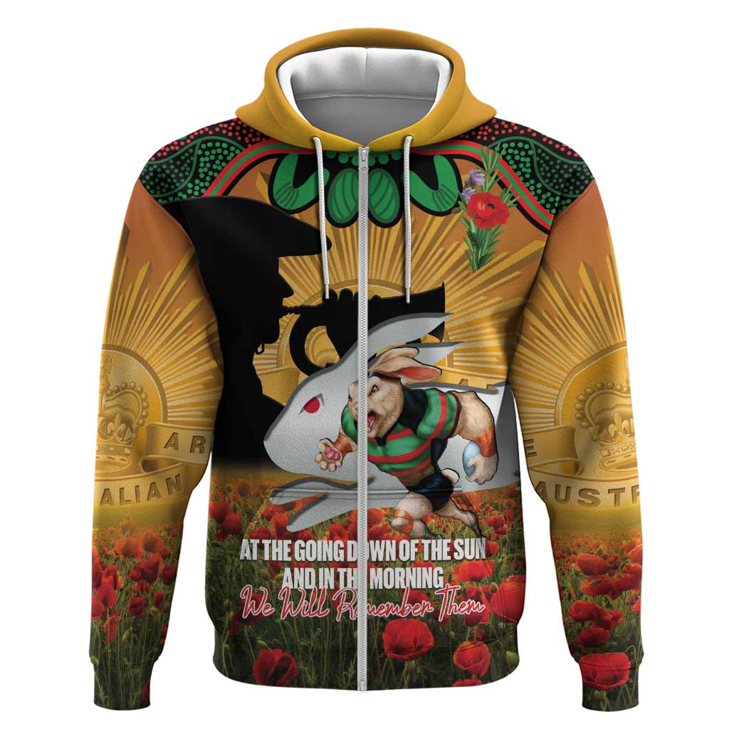 Personalised Rabbitohs Rugby ANZAC Day Zip Hoodie Last Post Poppy We Will Remember Them