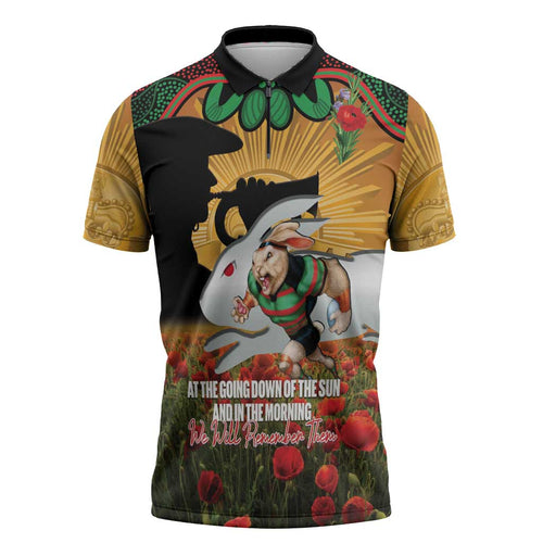 Personalised Rabbitohs Rugby ANZAC Day Zipper Polo Shirt Last Post Poppy We Will Remember Them