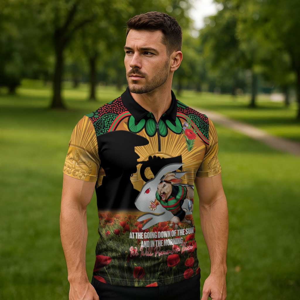 Personalised Rabbitohs Rugby ANZAC Day Zipper Polo Shirt Last Post Poppy We Will Remember Them