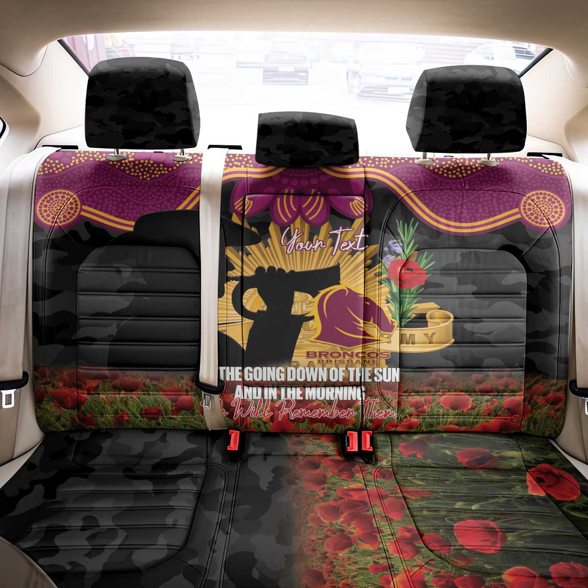 Personalised Brisbane Broncos Rugby ANZAC Day Back Car Seat Cover Last Post Poppy We Will Remember Them