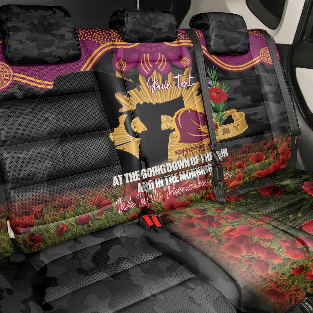 Personalised Brisbane Broncos Rugby ANZAC Day Back Car Seat Cover Last Post Poppy We Will Remember Them