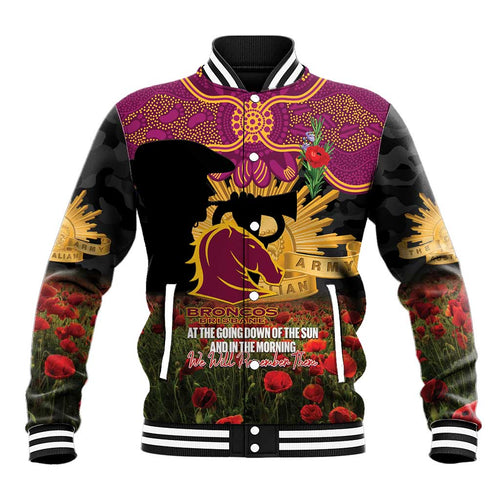 Personalised Brisbane Broncos Rugby ANZAC Day Baseball Jacket Last Post Poppy We Will Remember Them