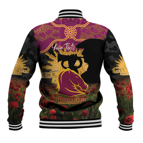 Personalised Brisbane Broncos Rugby ANZAC Day Baseball Jacket Last Post Poppy We Will Remember Them