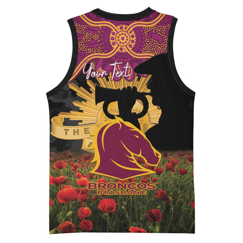 Personalised Brisbane Broncos Rugby ANZAC Day Basketball Jersey Last Post Poppy We Will Remember Them