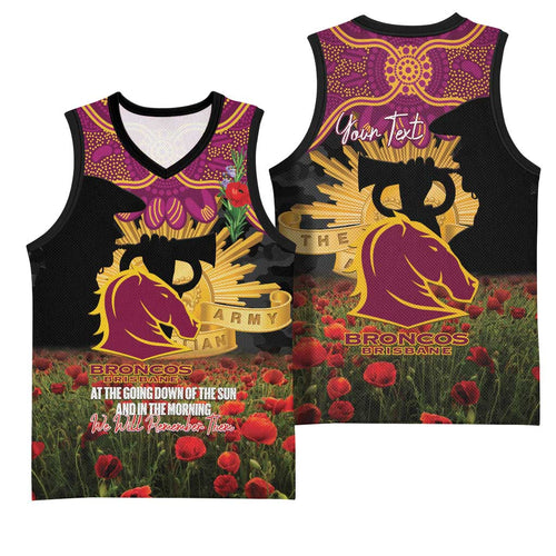 Personalised Brisbane Broncos Rugby ANZAC Day Basketball Jersey Last Post Poppy We Will Remember Them