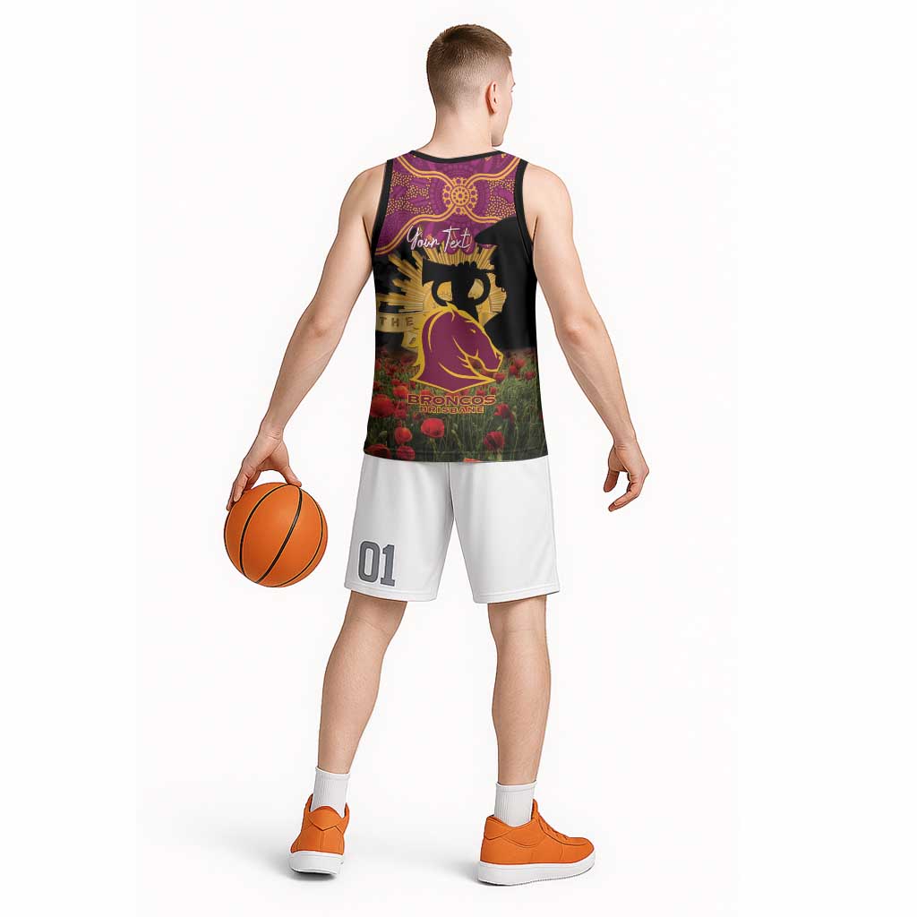 Personalised Brisbane Broncos Rugby ANZAC Day Basketball Jersey Last Post Poppy We Will Remember Them