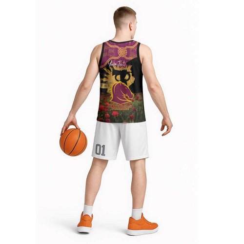 Personalised Brisbane Broncos Rugby ANZAC Day Basketball Jersey Last Post Poppy We Will Remember Them