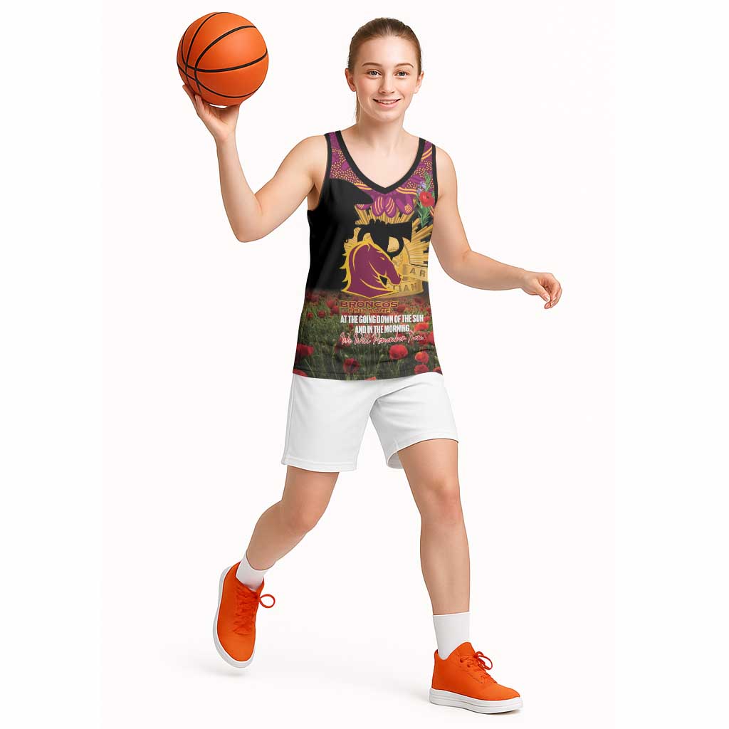 Personalised Brisbane Broncos Rugby ANZAC Day Basketball Jersey Last Post Poppy We Will Remember Them