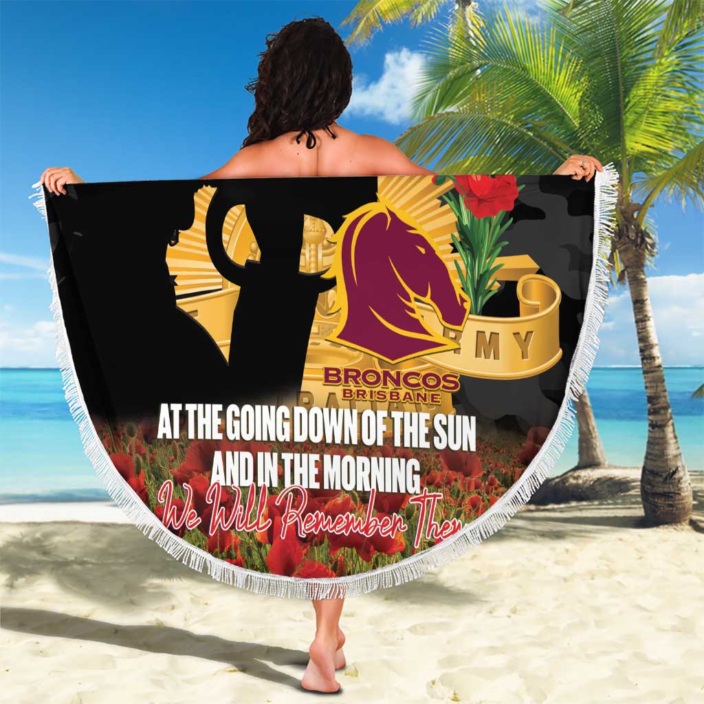 Personalised Brisbane Broncos Rugby ANZAC Day Beach Blanket Last Post Poppy We Will Remember Them