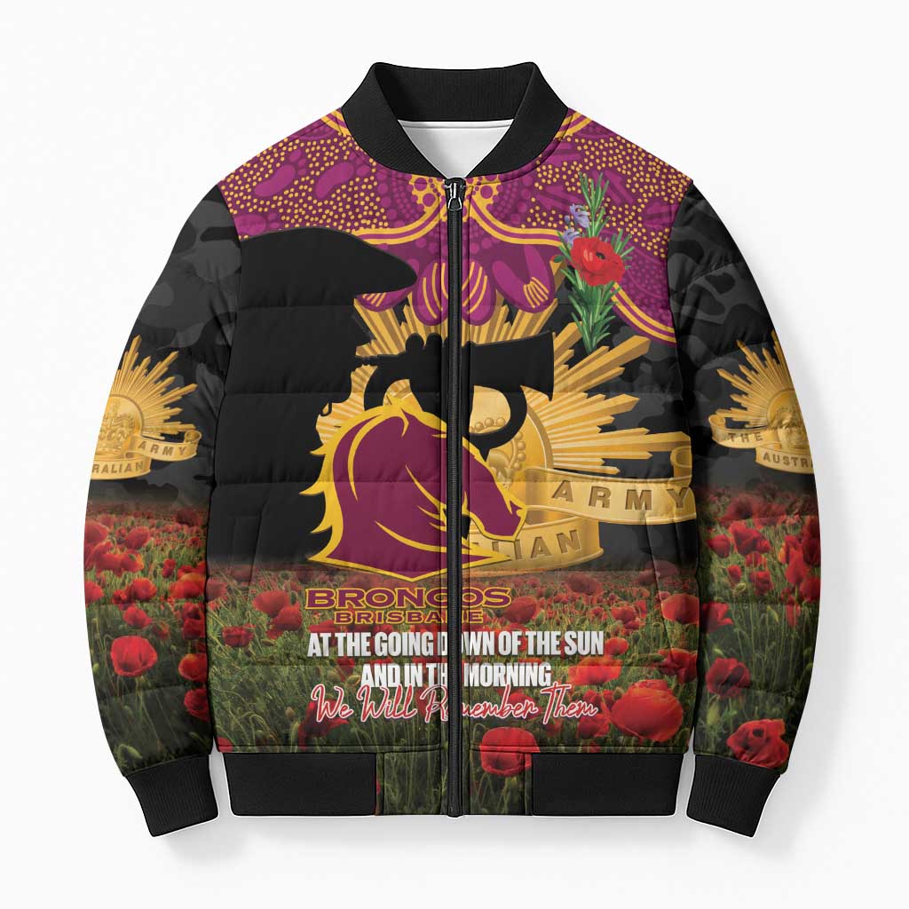 Personalised Brisbane Broncos Rugby ANZAC Day Bomber Puffer Jacket Last Post Poppy We Will Remember Them