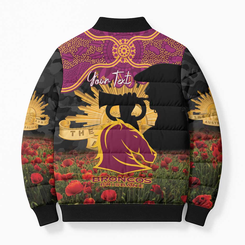 Personalised Brisbane Broncos Rugby ANZAC Day Bomber Puffer Jacket Last Post Poppy We Will Remember Them