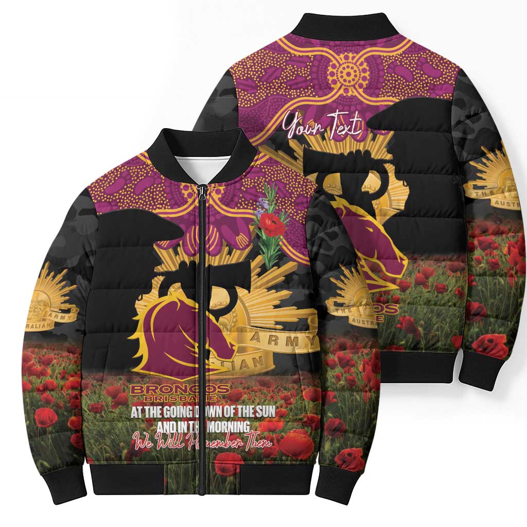 Personalised Brisbane Broncos Rugby ANZAC Day Bomber Puffer Jacket Last Post Poppy We Will Remember Them