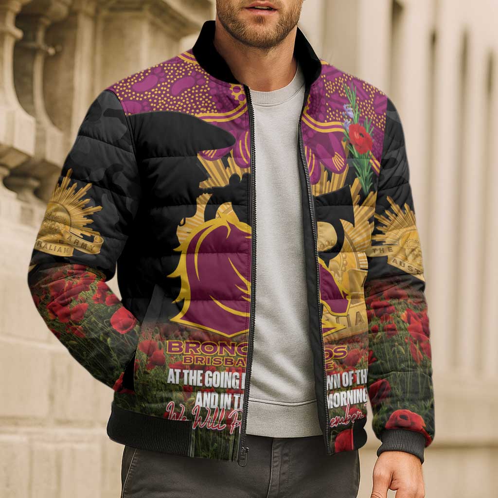 Personalised Brisbane Broncos Rugby ANZAC Day Bomber Puffer Jacket Last Post Poppy We Will Remember Them