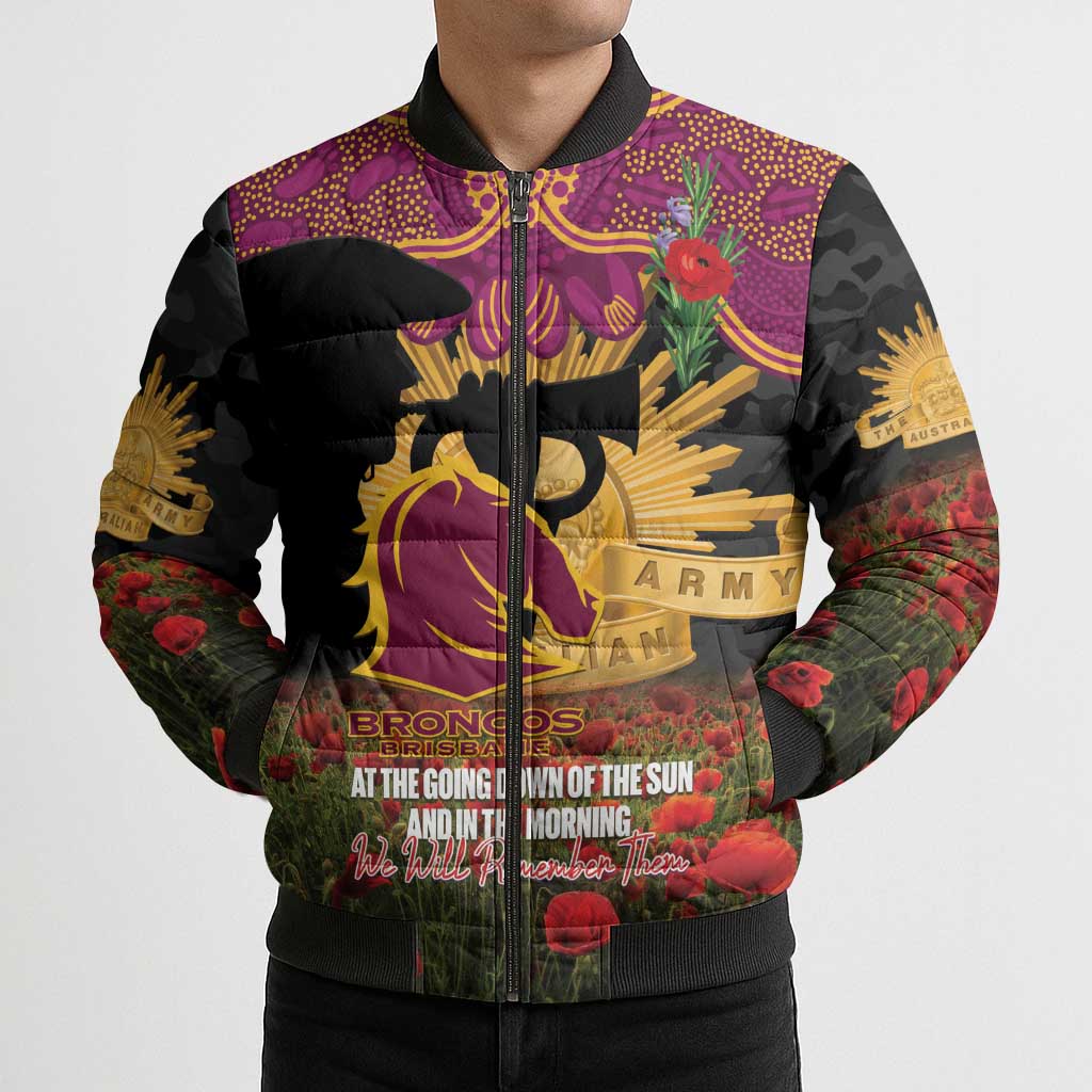 Personalised Brisbane Broncos Rugby ANZAC Day Bomber Puffer Jacket Last Post Poppy We Will Remember Them