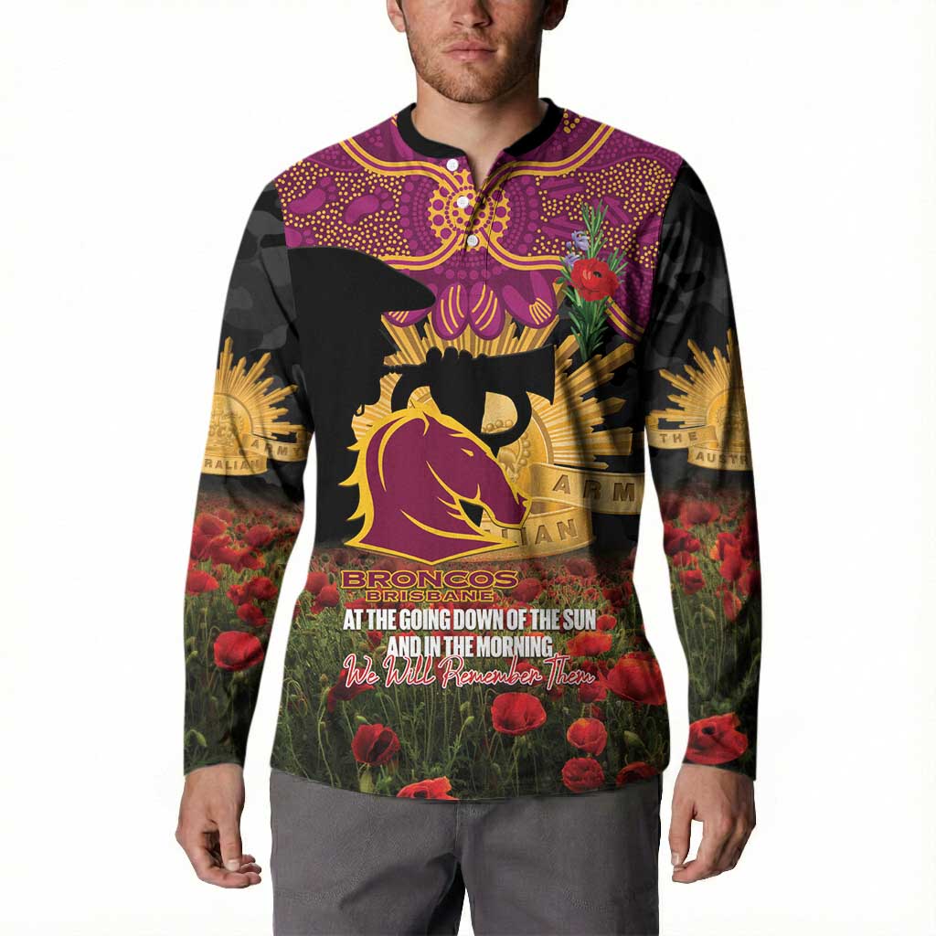 Personalised Brisbane Broncos Rugby ANZAC Day Button Sweatshirt Last Post Poppy We Will Remember Them