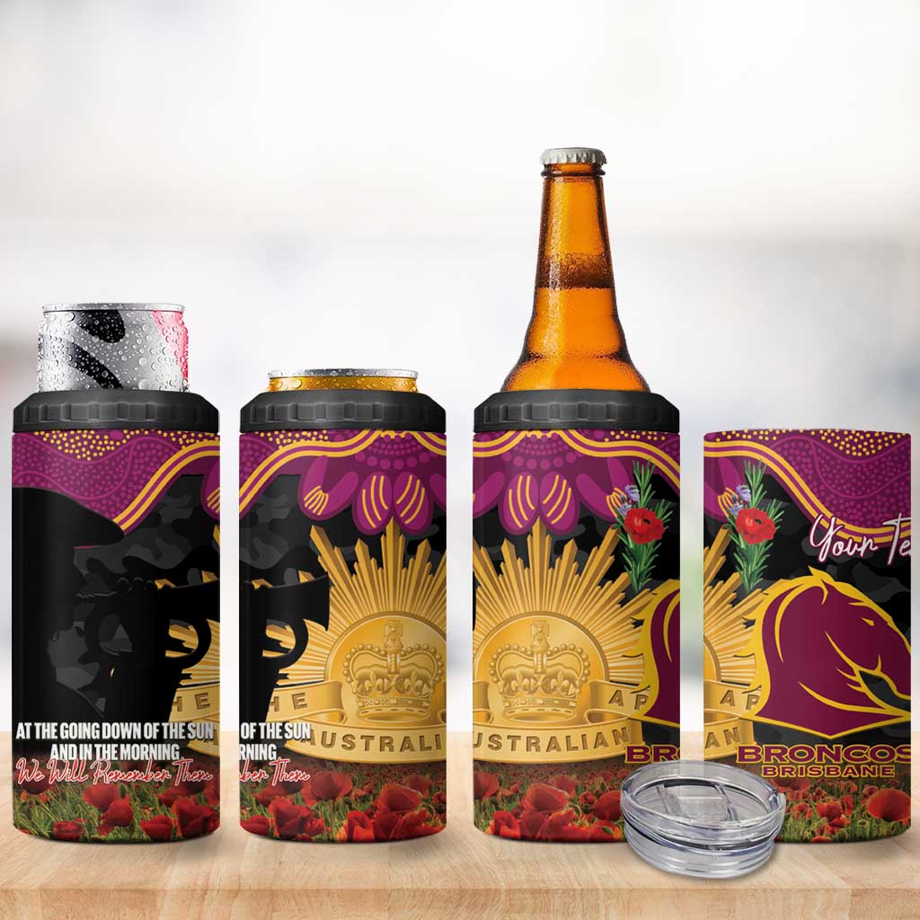 Personalised Brisbane Broncos Rugby ANZAC Day 4 in 1 Can Cooler Tumbler Last Post Poppy We Will Remember Them