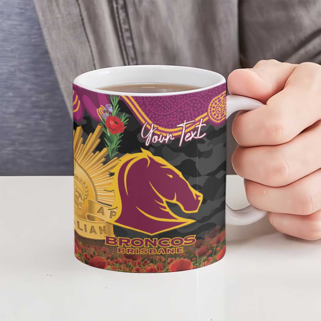 Personalised Brisbane Broncos Rugby ANZAC Day Ceramic Mug Last Post Poppy We Will Remember Them