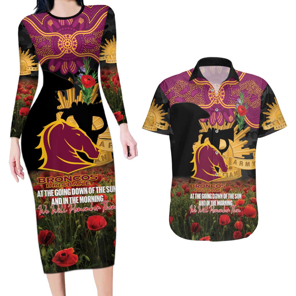 Personalised Brisbane Broncos Rugby ANZAC Day Couples Matching Long Sleeve Bodycon Dress and Hawaiian Shirt Last Post Poppy We Will Remember Them