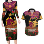 Personalised Brisbane Broncos Rugby ANZAC Day Couples Matching Long Sleeve Bodycon Dress and Hawaiian Shirt Last Post Poppy We Will Remember Them