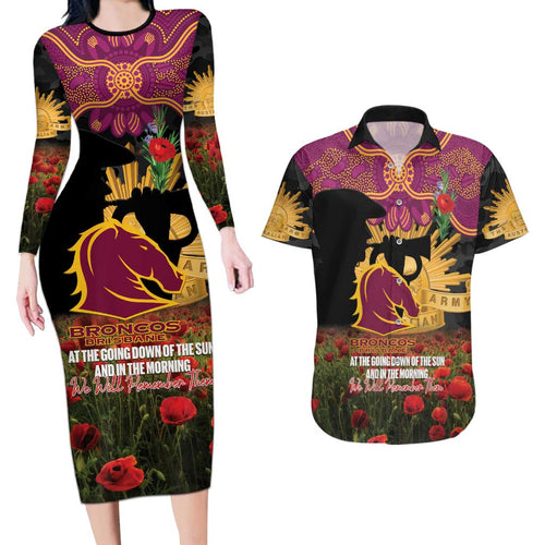 Personalised Brisbane Broncos Rugby ANZAC Day Couples Matching Long Sleeve Bodycon Dress and Hawaiian Shirt Last Post Poppy We Will Remember Them