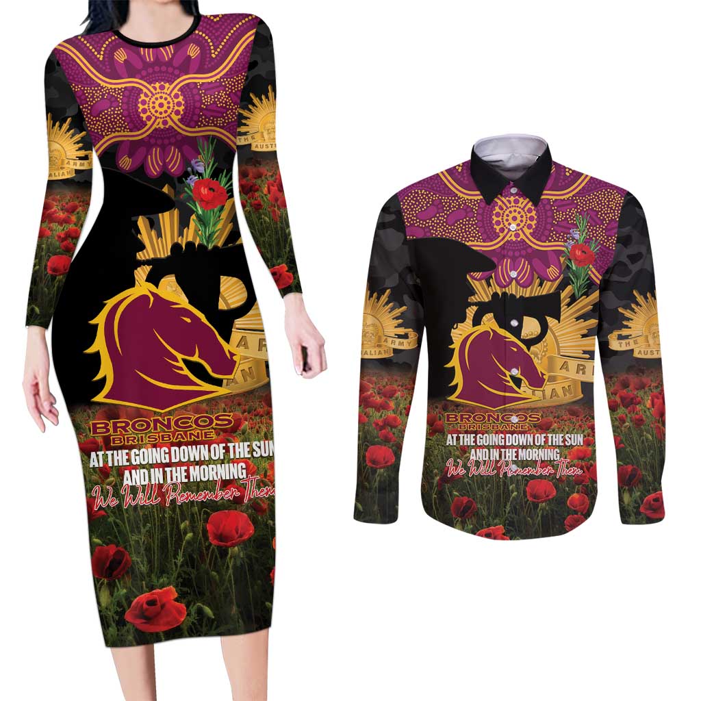 Personalised Brisbane Broncos Rugby ANZAC Day Couples Matching Long Sleeve Bodycon Dress and Long Sleeve Button Shirt Last Post Poppy We Will Remember Them