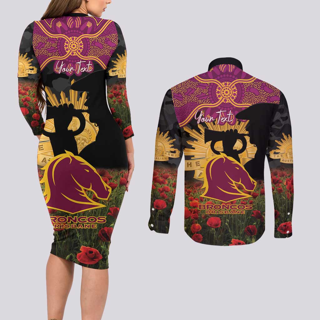 Personalised Brisbane Broncos Rugby ANZAC Day Couples Matching Long Sleeve Bodycon Dress and Long Sleeve Button Shirt Last Post Poppy We Will Remember Them
