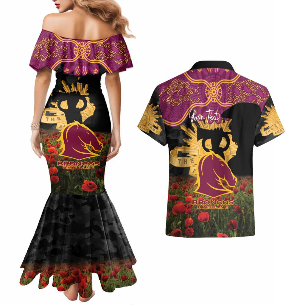 Personalised Brisbane Broncos Rugby ANZAC Day Couples Matching Mermaid Dress and Hawaiian Shirt Last Post Poppy We Will Remember Them